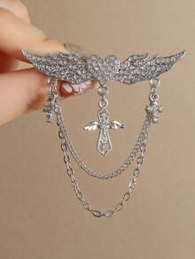 2/4pcs Men Rhinestone Angel Wing Heart Collar Pin, Multi Layer Chain Pendant Lapel Brooch, Vintage Shirt Collar Pin Accessory For Suit Shirt Decor - Multicolor - View 4