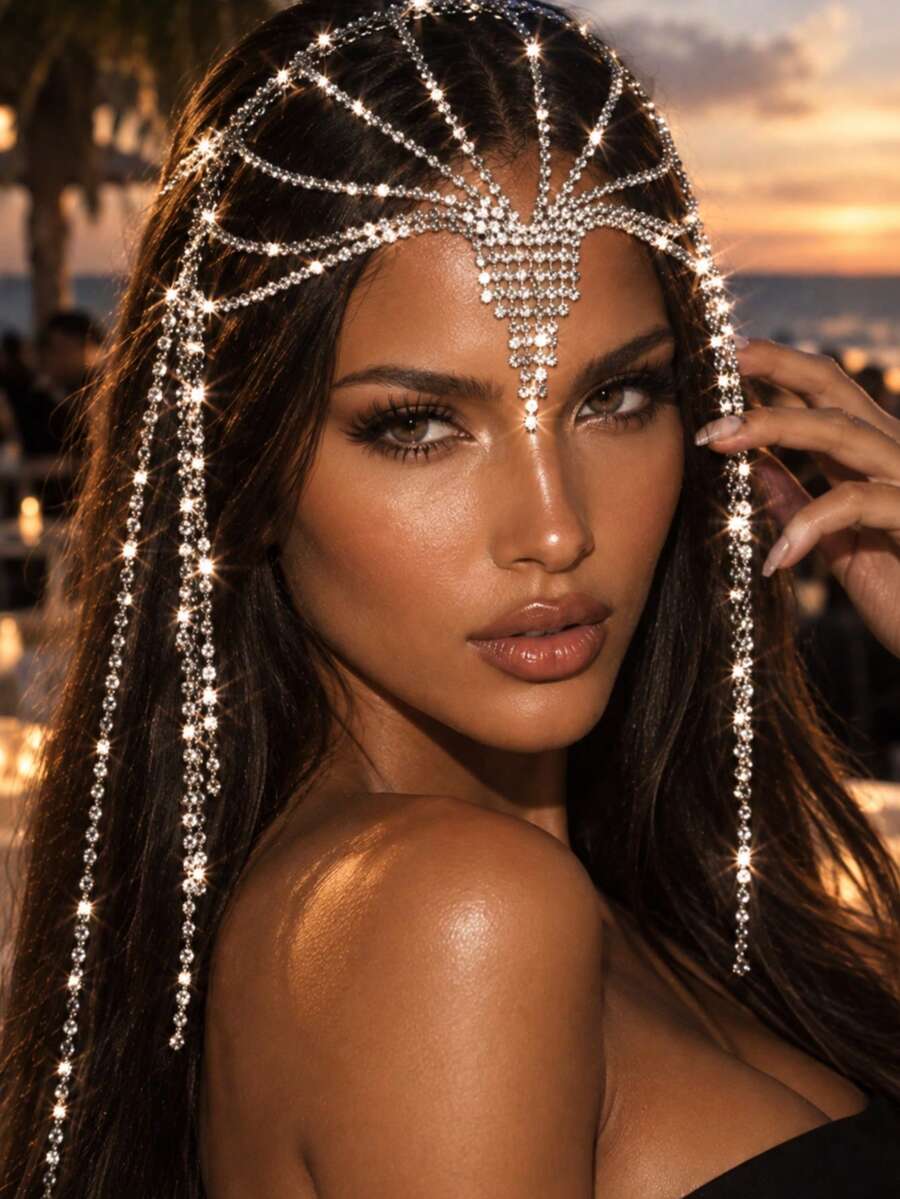 Bohemian Fashion Multi-Layer Tassel Rhinestone Hollow Head Chain, Glamorous Banquet Ball Women's Shiny Jewelry Accessory - Silver - View 1