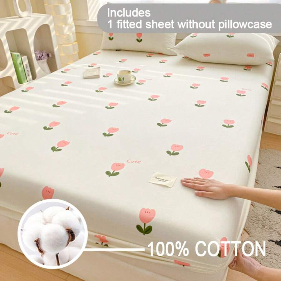 1pc All Cotton Printed Fitted Sheet (Fitted Sheet*1, Pillowcase Not Included) Soft & Comfortable, Washable, Breathable Mattress Protector, Suitable For Hotel, Bedroom, Guest Room, School, All Seasons Bedding - White - View 1
