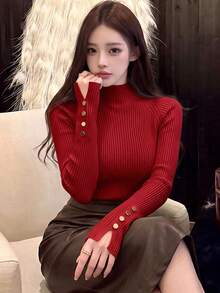 Women's Khaki Turtleneck Sweater, Metal Button Decor, Warm Knit Top For Layering, Suitable For Commuting And Daily Wear, Autumn/Winter - Red - View 4
