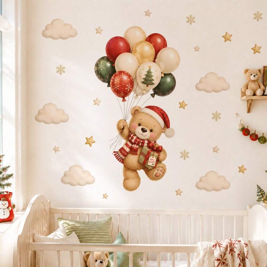 Christmas Teddy Bear Wall Stickers Balloons Gift Snowflake Decals Cute Holiday Wall Decor Suitable For Bedroom Nursery Living Room - Christmas Wall Decals - View 1