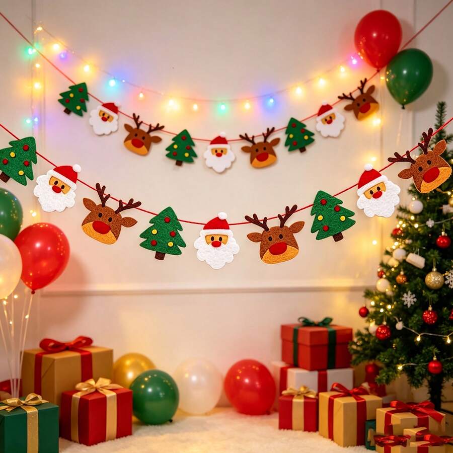 9pcs Christmas Banner Set With Reindeer, Santa Claus And Christmas Tree Decorations, Hanging Garland Decor For Outdoor Holiday Decoration, Home Party, Fireplace Mantel And Door Frame Background - Multicolor - View 1