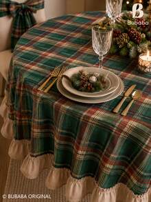 Vintage Christmas Red Plaid Round Tablecloth, Tartan Table Cover With White Ruffle Trim, Farmhouse Holiday Dining Table Decor For Christmas Party, Kitchen & Home - Green - View 10