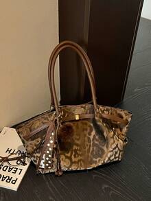 New Vintage Leopard-Print Women's Tote Bag With Charms, Fashionable Strap Accents, Shoulder Bag, Large-Capacity Handbag, Wallet - Coffee Brown - View 9