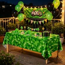 1/3pcs Green Pixel Plastic Tablecloth, Disposable Birthday Party Decoration, Size 53.94X107.87 Inches, Suitable For Pixel Mining Game Theme Birthday Party Supplies - Multicolor - View 5