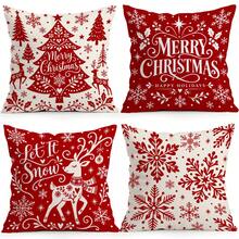 4pcs Nordic Style Christmas Decorative Pillow Covers, Red & White Paper-Cut Style Reindeer, Snowflake, Christmas Tree Print Pattern, Single-Sided Printed Pillow Covers/Cushion Covers, Multi-Scene Atmosphere Decorative Pillow Covers Suitable For Living Room, Sofa, Bedroom, Pillow Inserts Not Included - Multicolor - View 2