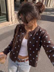 Women's Brown Polka Dot Regular Long Sleeve Cardigan, Button Front, High Elasticity Pullover - Purple - View 1