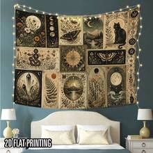 1pc 2D Flat Wall Tapestry, Moon Phase And Nature Mystery Collage Tapestry, Vintage Botanical Illustration Style, Depicting Celestial Cycles, Plants, Animals And Symbolic Patterns - Multicolor - View 4