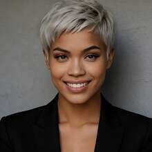 Beaushine 180% Density Glue-Free Rose Mesh Cap Brazilian Human Hair Dark Gray Short Pixie Cut Wig, Suitable For Daily Wear, Party, Holiday - SGray - View 5