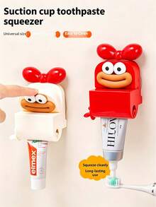 Manual Wall-Mounted Toothpaste Dispenser - With Large Mouth Cartoon Bow Decoration Suction Cup Toothpaste Squeezer, No Electricity Needed, Durable Plastic Red And White Cartoon Design, Bathroom Suction Cup Installation, Home Bathroom Slouchy Person Toothpaste Squeezer No Drilling Wall-Mounted, Fun Shape, Easy To Store - Multicolor - View 3