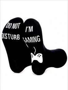 2雙男士禮品襪，地板襪，防滑襪，中筒襪，印有「I'm Playing Games, Do Not Disturb」文字，適合兄弟與朋友的趣味襪 - 黑色 - 查看 3