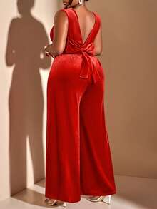 BIUBIU Luxurious Plus Size Long Jumpsuit With A Deep V Neck Sleeveless Design And A Gorgeous Backless Bow Accent For Holiday Parties - Redwood - View 6