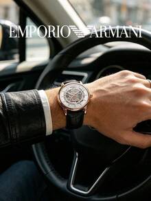 Armani AR60007 Men's Rose Gold Hollow Skeleton Mechanical Watch With Black Crocodile Embossed Leather Strap, Business Style - White - View 5