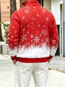 Men's Holiday Snowflake Pattern Half-Zip Sweatshirt, Red & White Gradient Christmas Pullover, Warm Casual Long Sleeve Top, Suitable For Christmas Party - Red - View 4