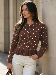 Women's Fashion Polka Dot Short Cardigan, Long Sleeve Round Neck Flared Hem Sweater, Create Vintage Autumn Look - Multicolor - View 3