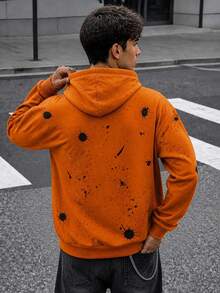 Zrgoth Men's Halloween Pumpkin Pattern Print Drawstring Hoodie, Splatter Design Loose Streetwear Style Pullover Sweatshirt, High Street Casual Top - Orange - View 2