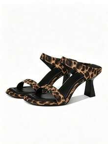 Women's Leopard Print Open Toe Strap Slide Sandals, Square Toe, Small Kitten Heel, Fairy-Style Summer Fabric High Heels - Leopard Print - View 9