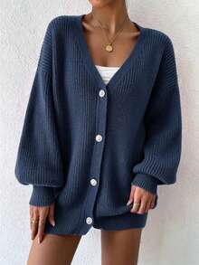 Women's Casual Navy Blue Knit Cardigan, Front Button Design, Long Lantern Sleeves, Autumn/Winter Outfit - Navy Blue - View 6