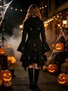 Women's Halloween Witch Pumpkin Print Hooded Mini Dress, Bell Sleeve Single-Breasted Asymmetrical Hem Gothic Party Outfit - Black - View 2