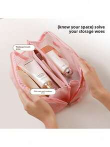 1pc Large Capacity Mesh Handheld Toiletry Bag, Minimalist Solid Color Travel Portable Cosmetic Organizer With Multiple Compartments - Multicolor - View 6