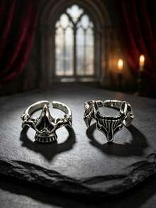 CIREY 1pc Vintage Distressed Skull & Ghost Face 2-In-1 Combination Ring, Men's Single Ring, Creative Design, Niche Bold Versatile Jewelry - Skull Ring - View 3