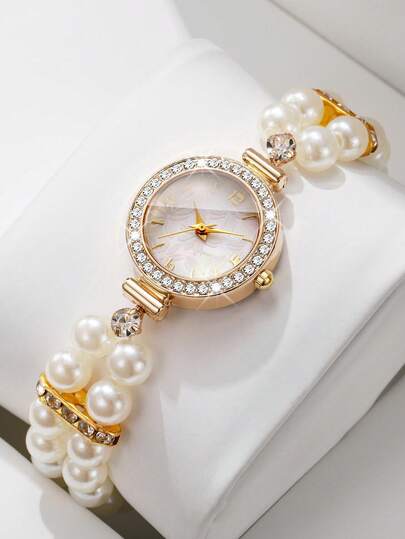Women's Niche Luxury Floral Rhinestone Bracelet Watch, Double Layer Faux Pearl Strap Quartz Watch, Elegant Banquet Decorative Women's Watch, Gift Watch (1pc/Set) Watch Box Not Included