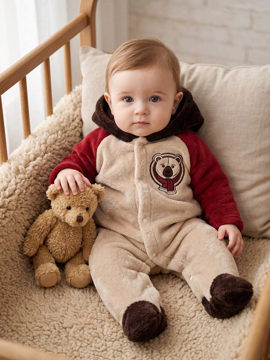 Autumn/Winter Plush Baby Hooded Footed Romper, Bear Embroidery Colorblock Raglan Sleeve Thickened Warm Crawler Suit - Brown - View 1