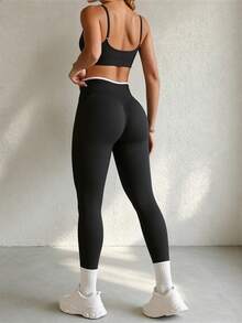 Contrast Color Seamless High Elastic High Waist Sports Leggings - Black and White - View 8
