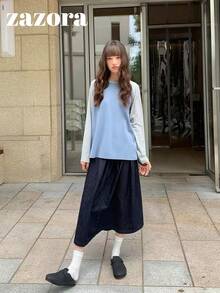 Contrast Color Print Raglan Sleeve T-Shirt, Autumn Korean Style Design Loose Fit Base Layer Top - Blue - View 9