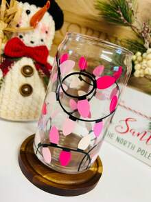 Pink Christmas Light String Glass Straw Cup, Deep And Light Pink White Gradient Bulb Creative Full Print, Transparent Can-Shaped Design, Large Capacity Clear Cup Body, Suitable For Iced Coffee And Fruit Tea, Holiday Atmosphere Water Cup - Pink - View 4