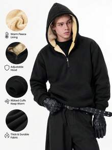 Men's Lamb Fleece Hooded Sweatshirt, Autumn/Winter Fashion Casual Sports Fleece Jacket, Suitable For Daily Outdoor Wear, Gift For Family, Gift For Husband - Black - View 1