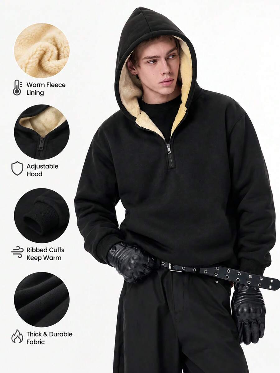 Men's Lamb Fleece Hooded Sweatshirt, Autumn/Winter Fashion Casual Sports Fleece Jacket, Suitable For Daily Outdoor Wear, Gift For Family, Gift For Husband - Black - View 1