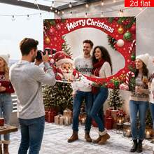 2D Plane Banner, 1 Piece, Christmas Photo Frame Banner, Cute Santa Claus Hollowed Out Self-Portrait Background Cloth, Colored Lights, Candy Cane Pattern Polyester Suitable For Home And Outdoor Fun Photo Props. - 1 - View 5
