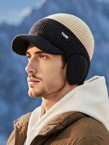 Men's Winter Knit Hat | Color Block Hat With Ear Flaps - Street Style, Slight Stretch, With Sun Visor - Warm Hat Suitable For Outdoor Travel - Hat - View 5