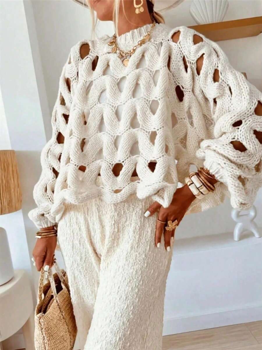 Women's Round Neck Long Sleeve Knitted Sweater, Hollow-Out Openwork Design, Medium Stretch Regular Fit Pullover For Fall Outfits - White - View 1