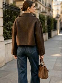 Women's Loose Short Jacket, Lapel Front Button Short Coat, Suitable For Daily Wear - Coffee Brown - View 5