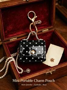 1pc French Vintage Polka Dot Pendant, Glossy Leather Mini Handbag Shaped Charm, Gold Buckle Girly Keychain, Gift Keychain - Vintage Polka Dot Mini Bag - View 8