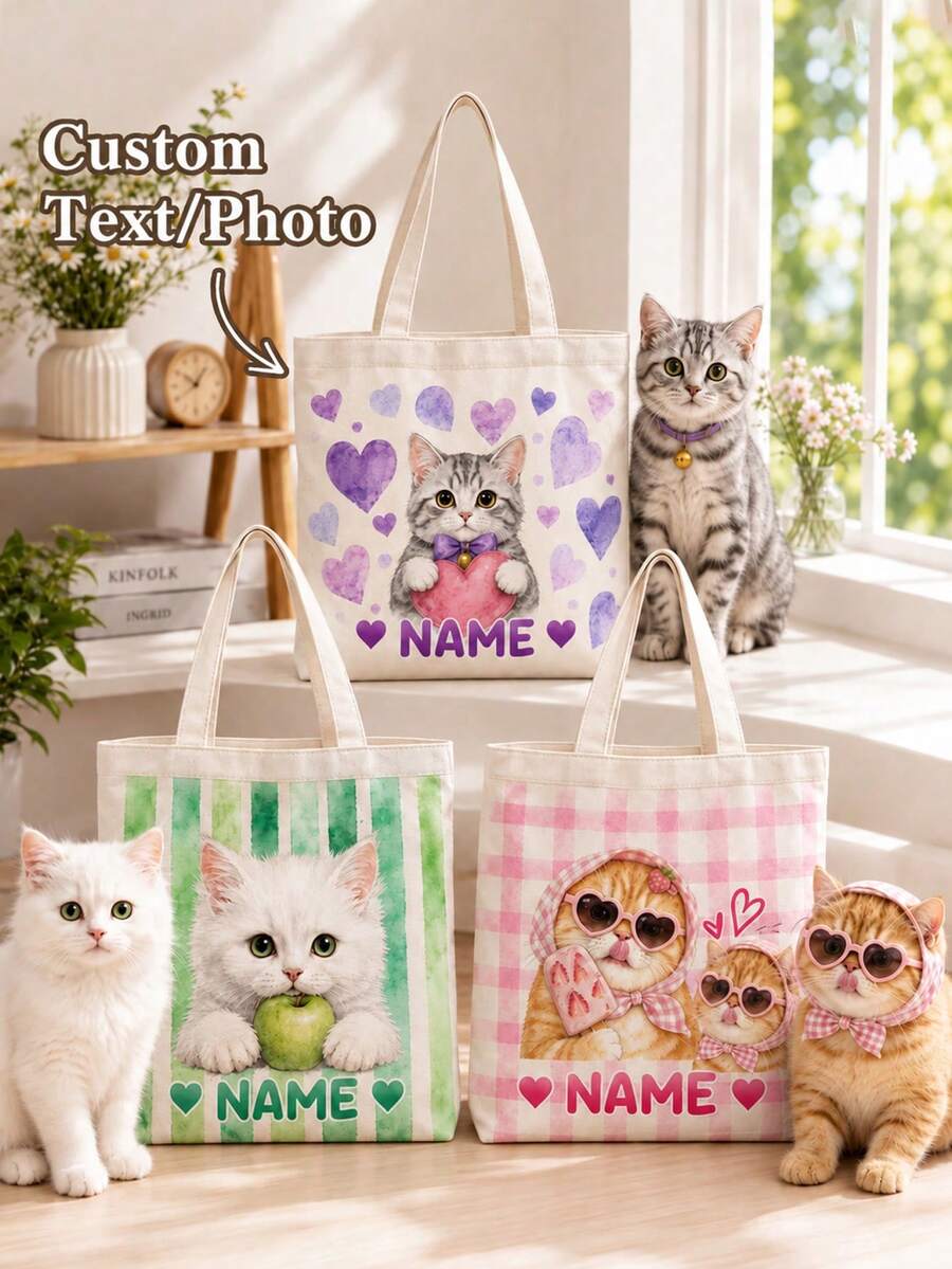 Tas Kanvas Potret Hewan Peliharaan Kustom, Wajah Kucing atau Anjing Cat Air, Tas dengan Nama Hewan Peliharaan yang Dipersonalisasi - MultiWarna - View 1