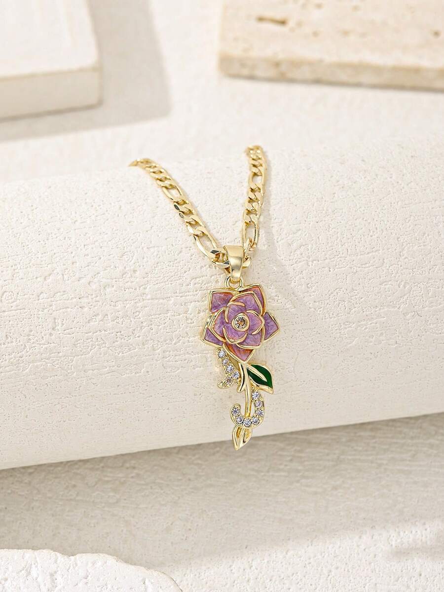 1 High-Quality Rose Pendant Necklace, Branches Dotted With Broken Diamonds And Green Enamel Leaves Suitable For Girls To Wear On Many Occasions. - Yellow Gold - View 1
