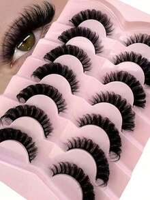 7 Pairs/Pack DD Curl Russian Volume False Eyelashes, Thick & Curly & Fluffy, Create Cat Eye Makeup Effect, 8D Fine Dense False Eyelashes, Define Eye Contour, Extend & Thicken Eye Tail, Create Exquisite Makeup Look - Black - View 1