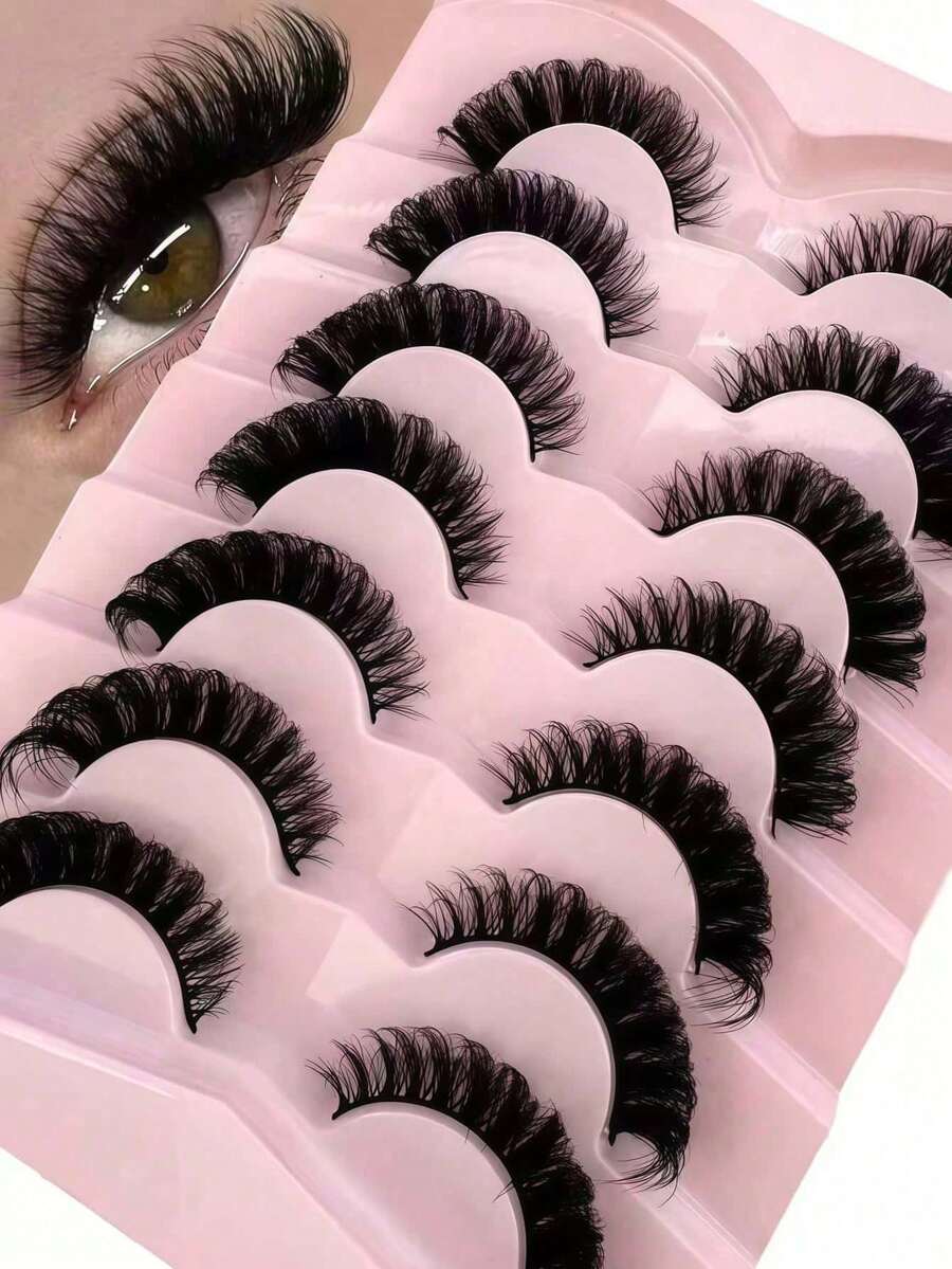 7 Pairs/Pack DD Curl Russian Volume False Eyelashes, Thick & Curly & Fluffy, Create Cat Eye Makeup Effect, 8D Fine Dense False Eyelashes, Define Eye Contour, Extend & Thicken Eye Tail, Create Exquisite Makeup Look - Black - View 1