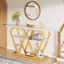 120*29.5*80cm Console Table, White Marble-Look Hallway Table With Gold Metal Legs, Narrow Entryway Table With Open Storage Shelf For Living Room, Dining Room & Balcony - White - View 2