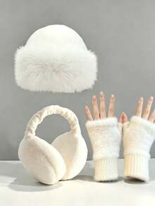3pcs/1pc Set Soft Faux Fur Winter Hat (With Ear Flaps) And Fingerless Gloves, Warm, Soft, Elastic And Windproof, Suitable For Women And Girls, Y2K Style, Perfect Choice For Christmas And New Year - Multicolor - View 9