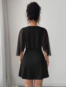 Women's Black Mesh Cap Sleeve 2 In 1 Cinched Waist A-Line Short Dress, Solid Color, Elegant - Black - View 2