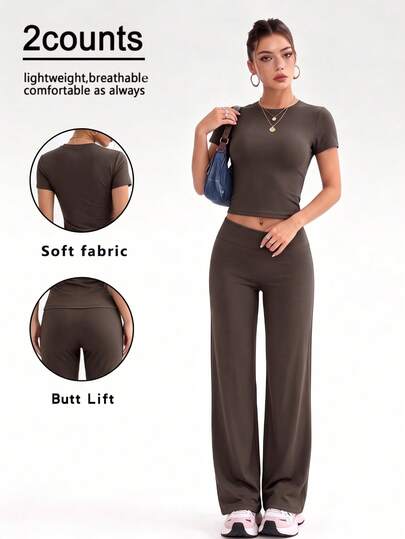 Women's 2 Pieces Yoga Set, Round Neck Slim Fit Short Sleeve Top With High Waist Flared Leggings. High Elasticity Skin-Friendly Knit Fabric, Slim Fit And Slimming, Outlining Beautiful Waist And Hip Curves. Solid Color Minimalist Coffee Brown, Clean Cut, Flared Leggings Enhance Leg Lines. Suitable For Fitness, Running, Daily Wear And Casual Home Lounging. Elastic And Breathable, Resistant To Deformation, Perfect For Commuting And Outings, Combining Fashion And Comfort, Creating An Effortless Atmosphere Set Outfit.