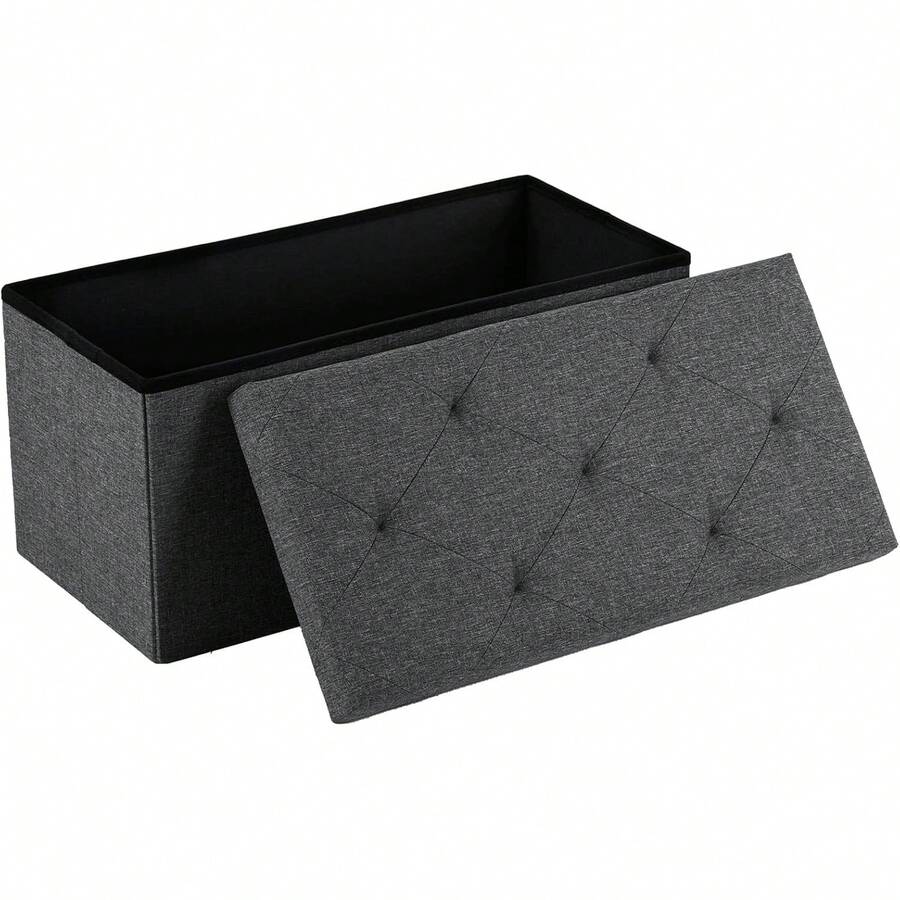 Banco Otomano de Almacenamiento Plegable de 30 Pulgadas con Tapa Acolchada y Diseño Botonado, Baúl Organizador de Tela Tipo Lino, Taburete para Zapatos o Juguetes, Asiento Resistente para Sala y Recámara en Color Gris Oscuro, Gran Capacidad, Fácil de Armar y Guardar - Gris - Ver 1