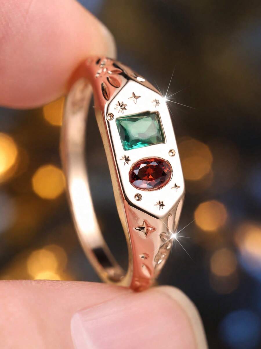 Vintage Two-Tone Stamp Ring, Inlaid With Rectangular Emerald And Oval-Cut Garnet, Star Pattern Cocktail Exaggerated Style Ring - Ring - View 1