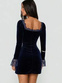 Women's Navy Blue Velvet & Lace Patchwork Slit Long Sleeve Fitted Dress, High Elasticity Skirt, Suitable For Evening Party, Cocktail, Formal Occasions - Royal Blue - View 5
