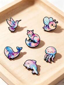 6pcs Dreamy Starry Sky Animal Metal Badge – Cute Cartoon Brooch, Creative Bag Accessory, Student Gift, Christmas Gift Brooch - Multicolor - View 2