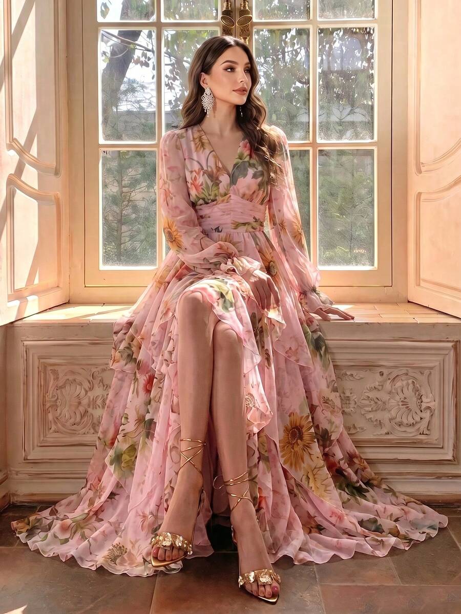 優雅女款新款花卉長袖多層拼接設計四季全長連身裙,花卉印花與葉片圖案全身印花拉鍊款 - 西瓜粉 - 查看 1